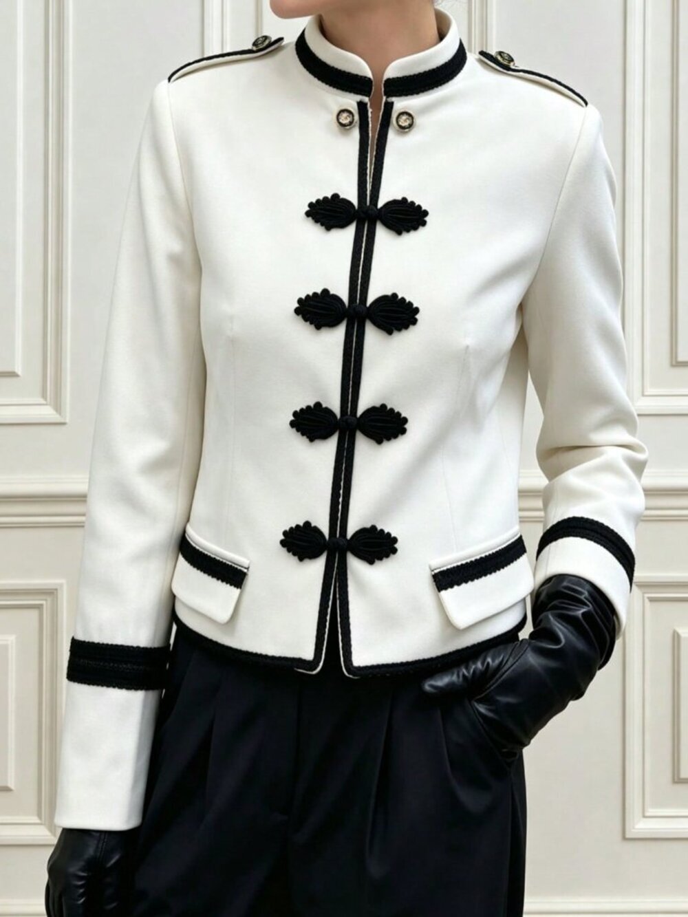 White Elegant Women's Commute Casual Contrast Color Long Sleeve Jacket